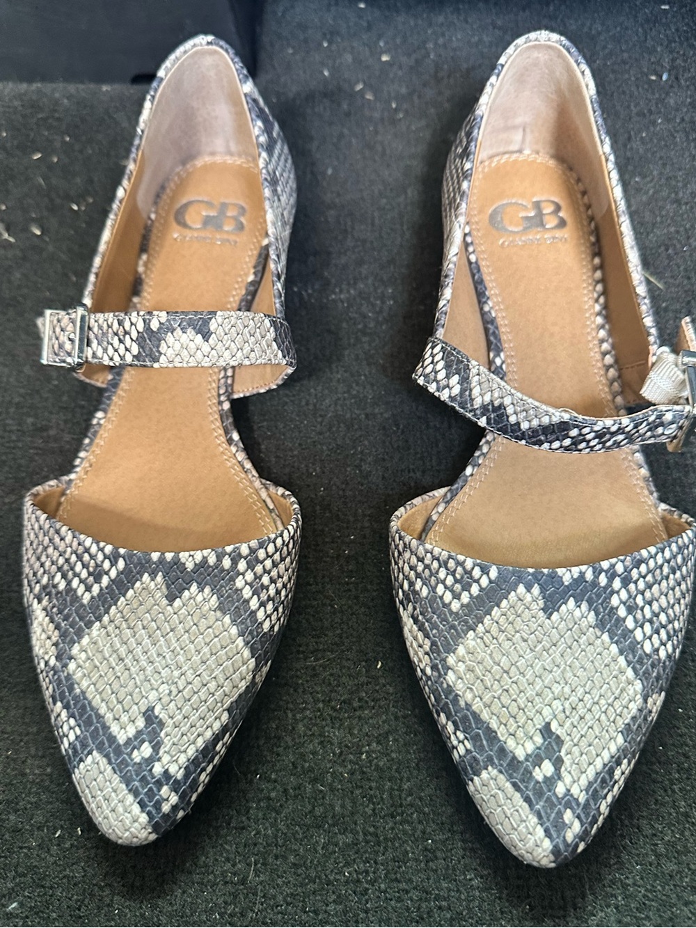 Gianni Bini Pointed Snake-Print Mary Jane Flats in Gray and Cream